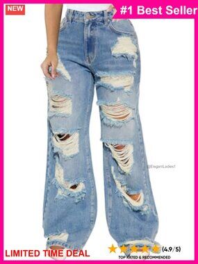 Ripped Distressed Wide Leg Jeans Stretch Mid Rise Frayed Hem Denim Pants